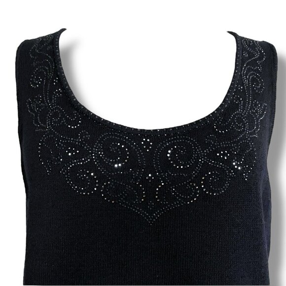 St John Womens Shell Top Sz Medium Black Santana Knit Crystal Neckline Luxury - Picture 3 of 7